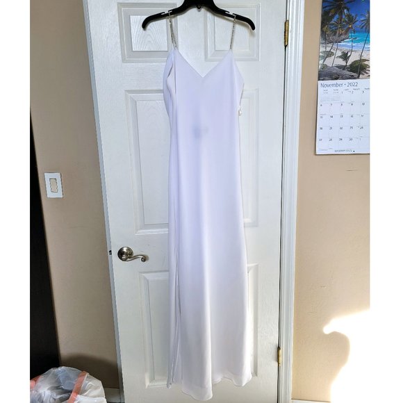 White Gown w/ Rhinestone-Studded Spaghetti Straps - Picture 3 of 9